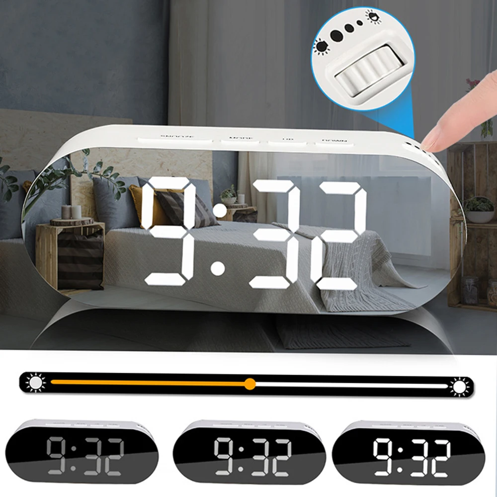 

LED Mirror Alarm Clock Digital Snooze Table Clock Wake Up Light Electronic Large Time Temperature Display Home Decoration Clock