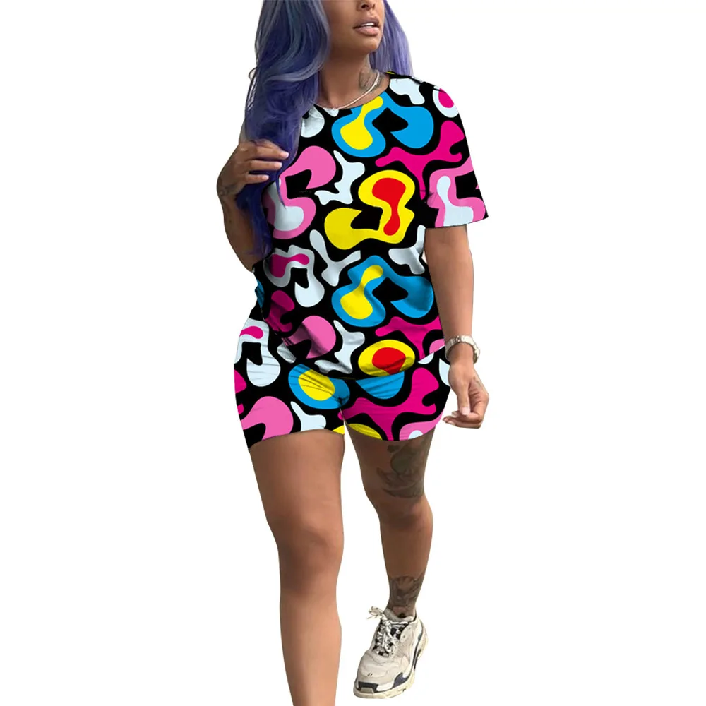 Женский летний геометрический Красочный Рисунок Пейсли футболка и шорты костюм из двух частей Повседневный Спортивный костюм GLA6211