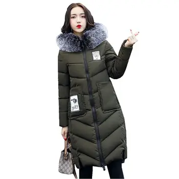 

winter long jacket large fur collar wadded parks with letter print thin warm with hood jacket outerwear