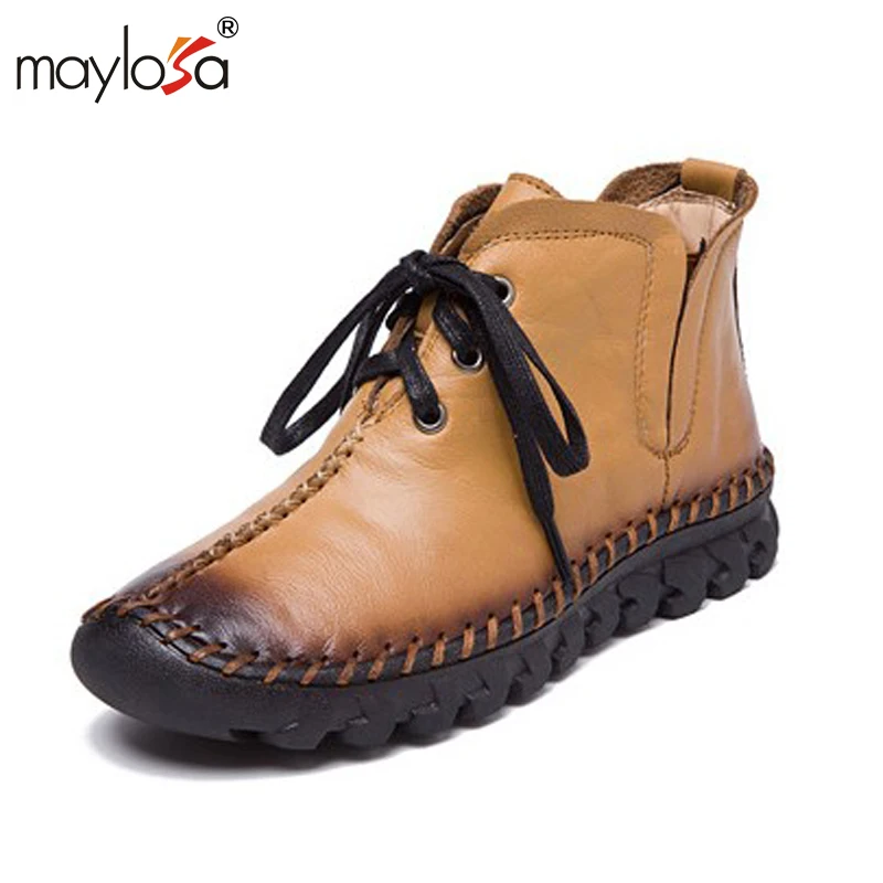 

MAYLOSA New women Genuine Leather Boots Vintage Style Flat Booties Soft Cowhide Women's Shoes side Zip Ankle Boots zapatos mujer