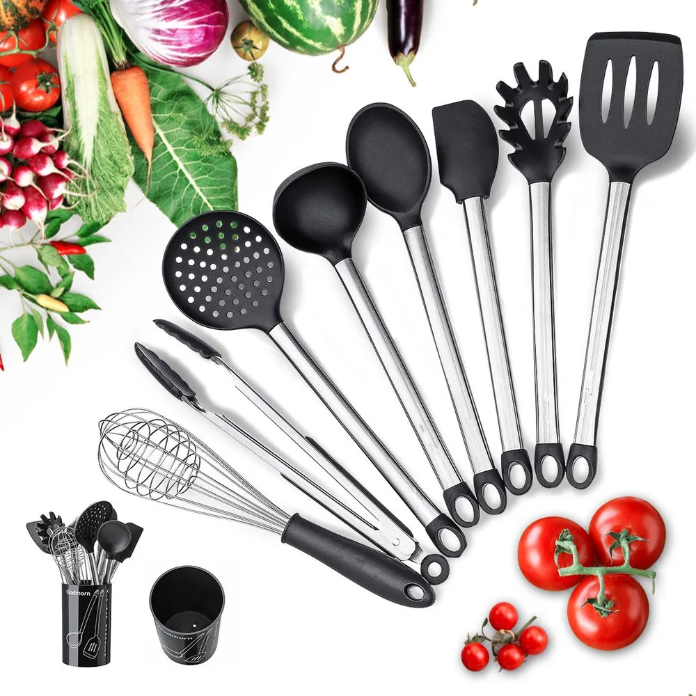 

9 PCS Kitchen Utensil Set Stainless Steel and Silicone for Cooking Tools Set Non-stick Utensil Spatula Sets Cookware with Holder
