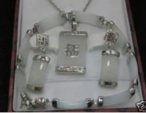 

FREE SHIPPING>>@> Jewellery white jade necklace bracelet earring set KL12 ^^^18K GP style Fine jewe Noble Natural jade Natural j