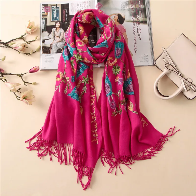 Новинка, Одноцветный кашемировый шарф с вышивкой и бахромой, толстый теплый шарф из пашмины, зимняя шаль для женщин, хиджаб