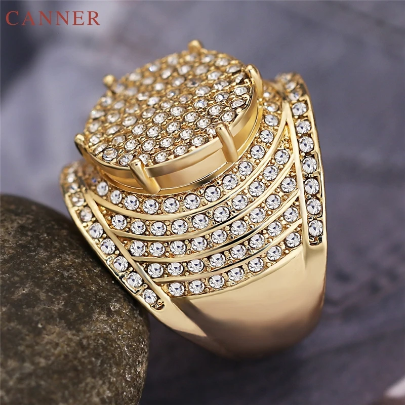 Shiny Micro Zirconia Gold Ring Men Crystal Engagement Wedding Ring Mens Jewelry bague homme anillo hombre C40