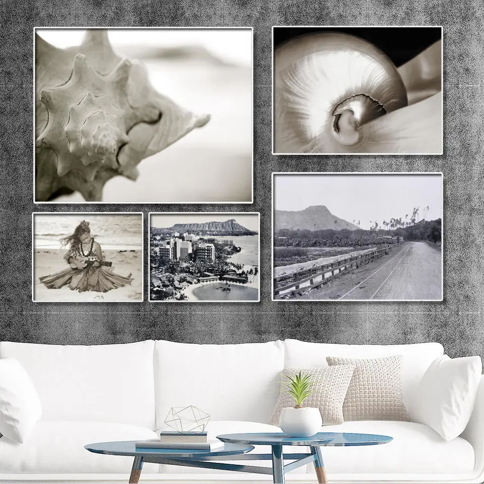 Home Decoration Print Canvas Picture Wall Art Paintings Oil Unframed Drawings Black and white Landscape Conch Sandy beach | Дом и сад