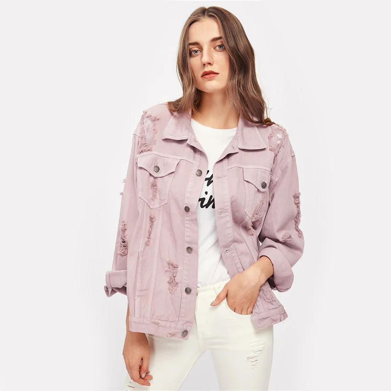 SHEIN Модная Джинсовая Куртка Женская Весенняя Розовая Повседневная Куртка С Длинными Рукавами
