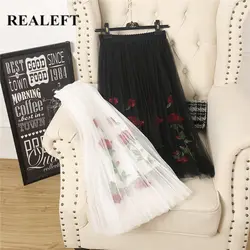 REALEFT 2019 весна лето женские элегантные миди-Юбки Высокая талия эластичная Цветочная вышивка до середины икры плиссированные юбки для женщин