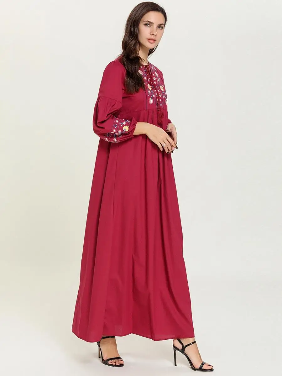 Этнические Вышивка abaya женские мусульманские платья Длинные Макси Вечерние