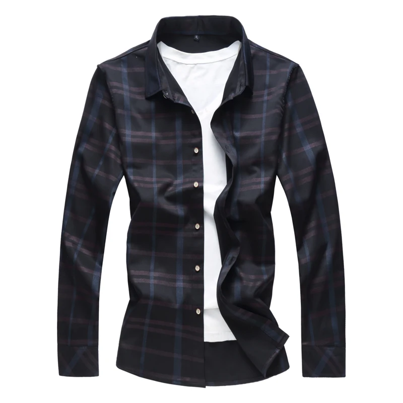 Shirt Men Slim Fit Mens Dress Shirts Male Clothing Brand Plaid Plus Size M-6XL 7XL SA52
