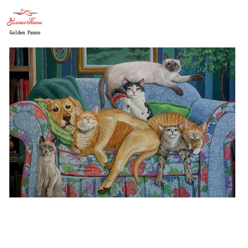 Golden Panno DIY DMC 11CT 14CT completely Cross stitch Dog and cats kits embroidery needlework sets wall decoration 07  Дом и | Package -32895453329