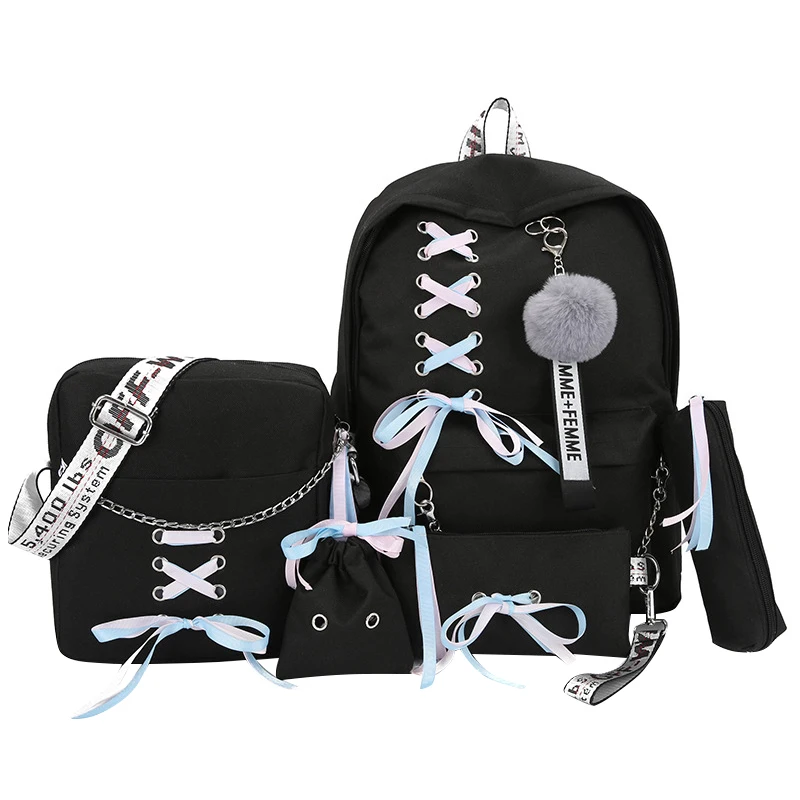 

Chain Usb Backpack Women Canvas 5Pcs/Set Women Backpack Teenager Girls Backpacks Shoulder Bag Female Student School Bags Tasse