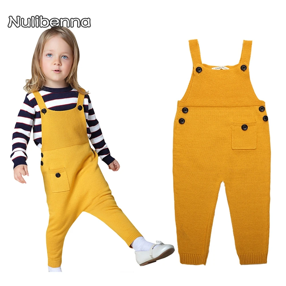 New Spring Unisex Boys Girls Pocket Knitted Overalls Jumpsuits Children Kids Candy Color Bib