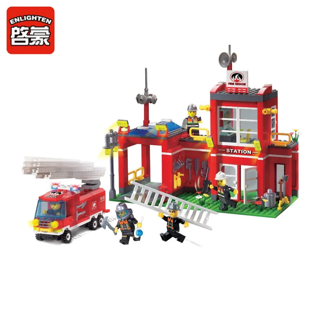 

Enlighten Building Block Fire Rescue Fire Station Branch 5 Firemen 380pcs Bricks-Without Original Box