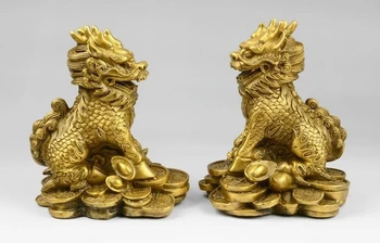 

China Pure Brass Fengshui Yuanbao Wealth Kirin Unicorn kylin Chi Lin Statue Pair