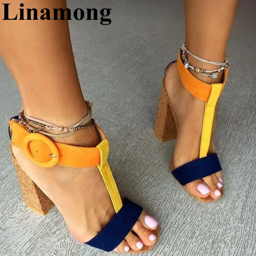 

2019 Mewest Mixed Color Buckle Strap Wood Grain Heel Summer Fashion Sexy Square Heel And Open Toe Rome Style Women Sandals