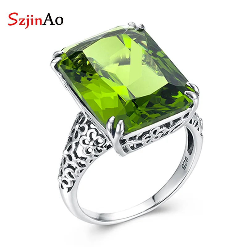 

SzjinAo Handmade Square solid 925 sterling silver Finger Ring August Birthstone Peridot Rings For Women Engagement Jewelry Gift