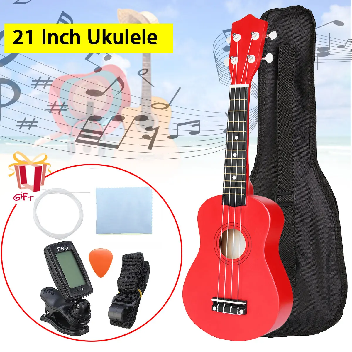 SENRHY 21" Red Soprano Ukulele Uke Hawaii Bass Guitar Guitarra Set Kits+Tuner+String+Strap+Bag