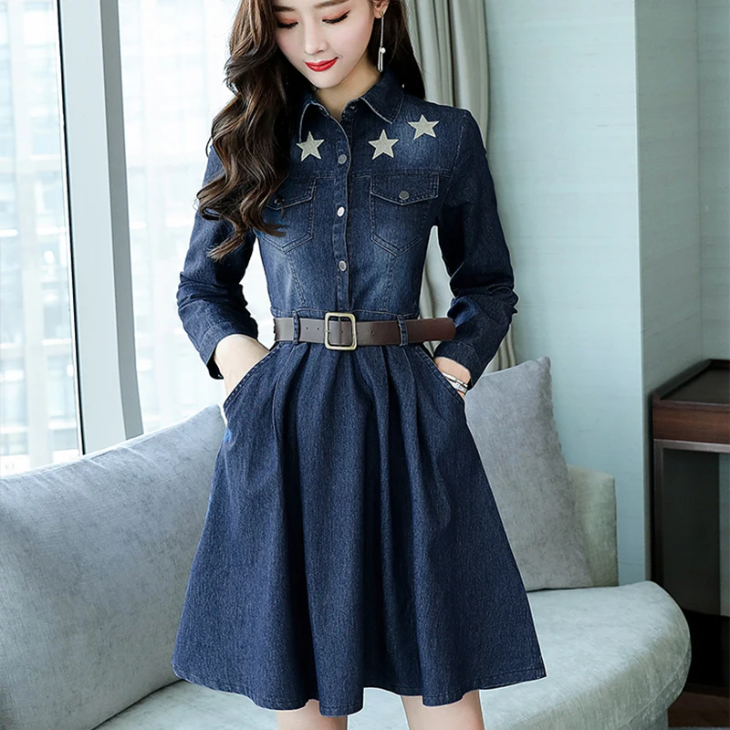 Embroidery Women Dress Elegant Vintage Jean Dresses Autumn Dress Women Casual Korean Denim Plus Size Dress Long Sleeve Dress