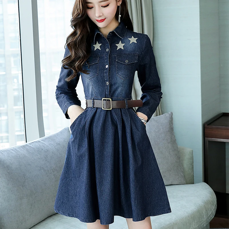 

Embroidery Women Dress Elegant Vintage Jean Dresses Autumn Dress Women Casual Korean Denim Plus Size Dress Long Sleeve Dress