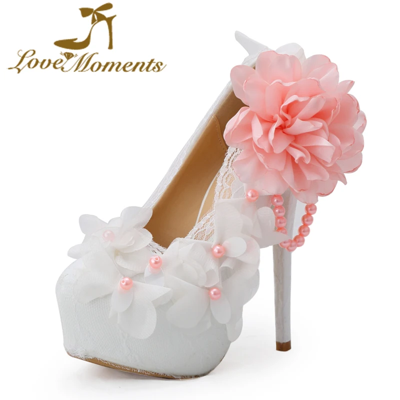 Love Moments Handmade font b shoes b font woman pink flower high heels platform wedding font