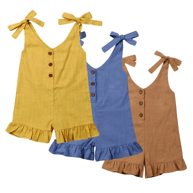 

Summer Kids Baby Girl Cotton Linen Clothes Ruffle Romper Jumpsuit Sleeveless Button Overalls Outfits 1-6Y NEW