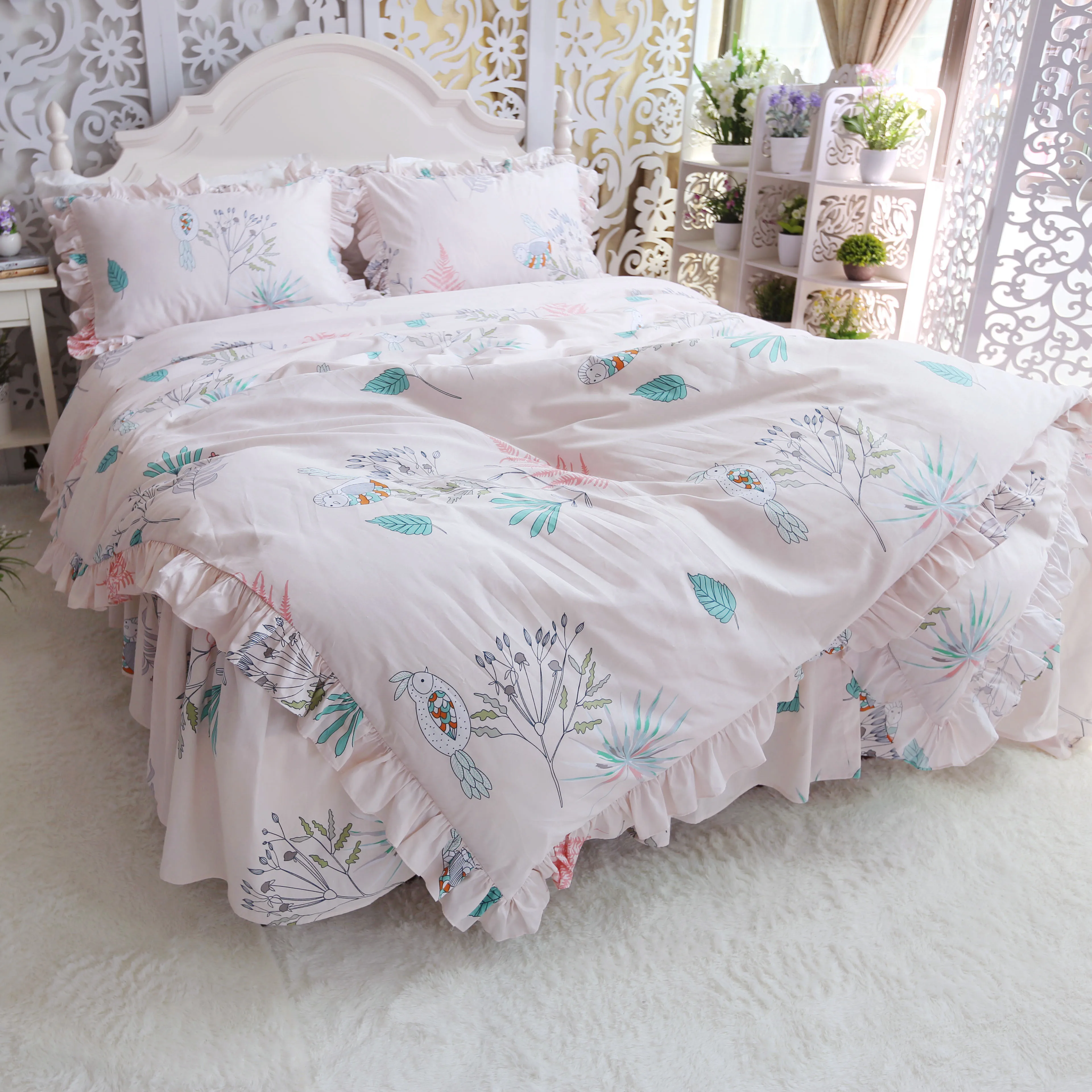 Cotton bedding set twill princess wind ruffled quilt cover pillowcase