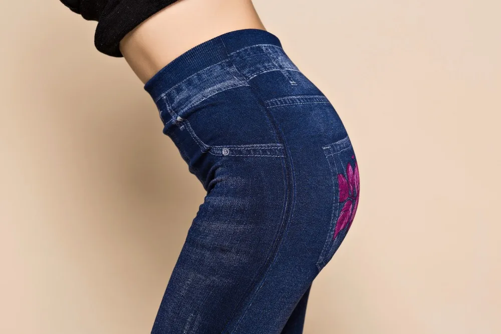 Fashion Slim Women Spring Summer Leggings Faux Denim Jeans Leggings Long Floral Printing Casual Pencil Pants Thin Fleece Inside white leggings
