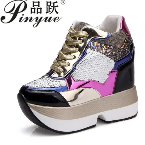 

New arrival 2018 Autumn Fashion casual shoes women High Platform Shoes 13 cm thick soled female Trainers Gold Silver