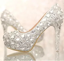 2016 Luxury Silver Round Toe High Heel Bridal Shoe with Platform Crystals Silver Wedding Shoes Women Dance Shoes Size34-39