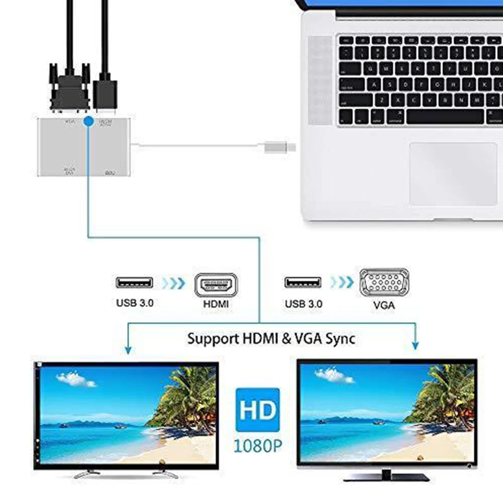 Type c для HDMI VGA DVI USB Silver 4 в 1 Мини концентратор кабель конвертер многопортовый HD