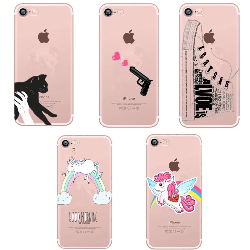 

Transparent Cases For iphone 7 8 Plus X Cute Cat Lovely Gun Unicorn Phone Coque For iphone 5 5S SE 6 6S Capa Fundas Accessories