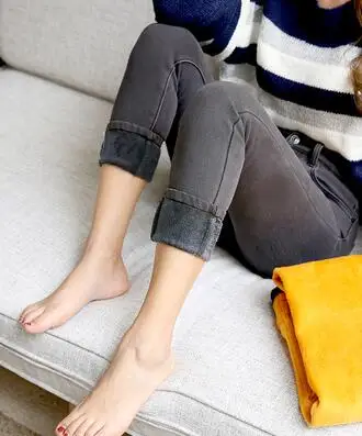 WKOUD корейские обтягивающие джинсы, женские зимние теплые джинсы, одноцветные узкие джинсовые брюки со средней талией, черные флисовые узкие брюки P8619 - Цвет: gray gray fleece