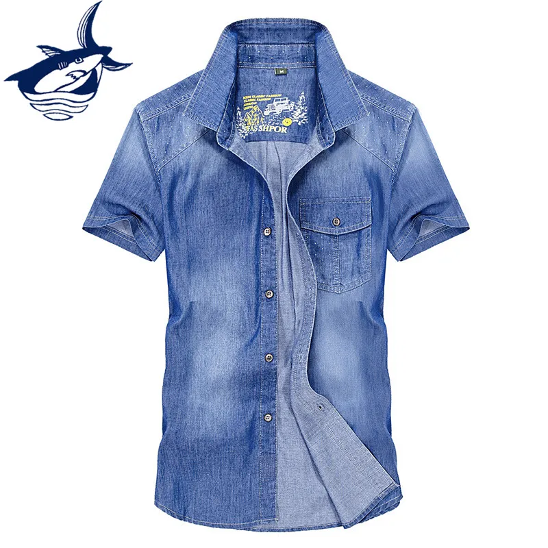 

Tace Shark Shirt Men Clothes 2018 Summer Men's Denim Shirt Short Sleeve Casual Jeans Shirts camisa masculina chemise homme