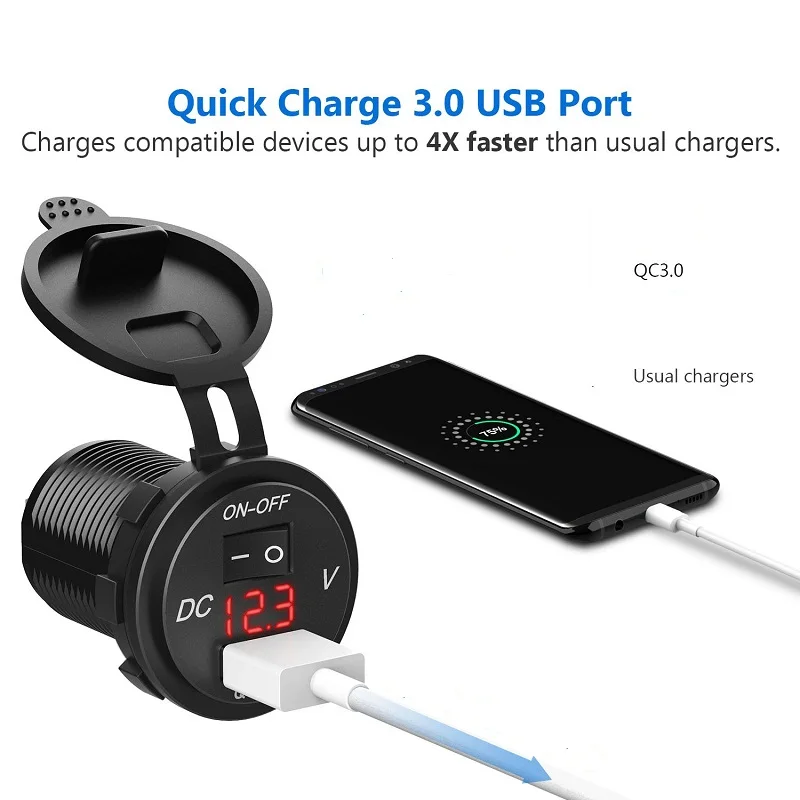 12 В 18 Вт 12 В/24 В Quick Charge 3,0 USB Автомобильное зарядное устройство адаптер питания водостойкий с выключателем светодиодный цифровой игровой для автомобиля RV