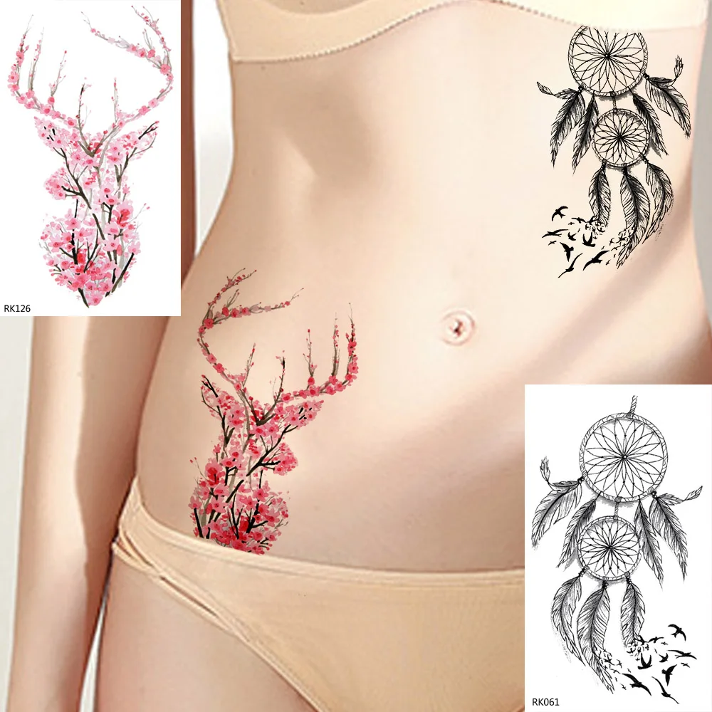 

OMMGO Dream Catcher Flower Elk Temporary Tattoos Sticker Women Men Fashion Fake Tatoos Animal Women Custom Tattoo Body Art Wrist