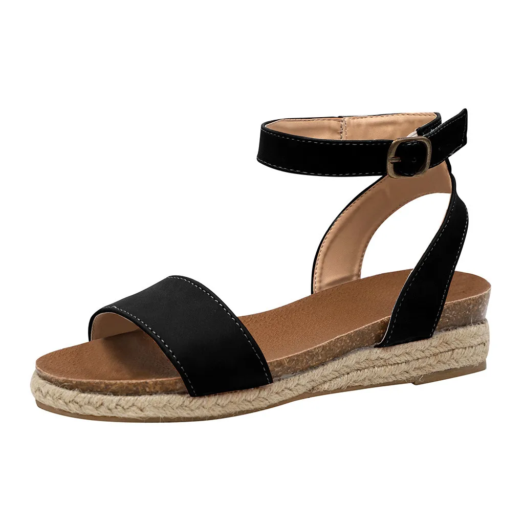 Леопардовые сандалии; женская обувь; женские Тканые Сандалии на танкетке с ремешками и пряжкой на щиколотке; Летняя обувь в римском стиле; sandalias mujer; - Цвет: Black