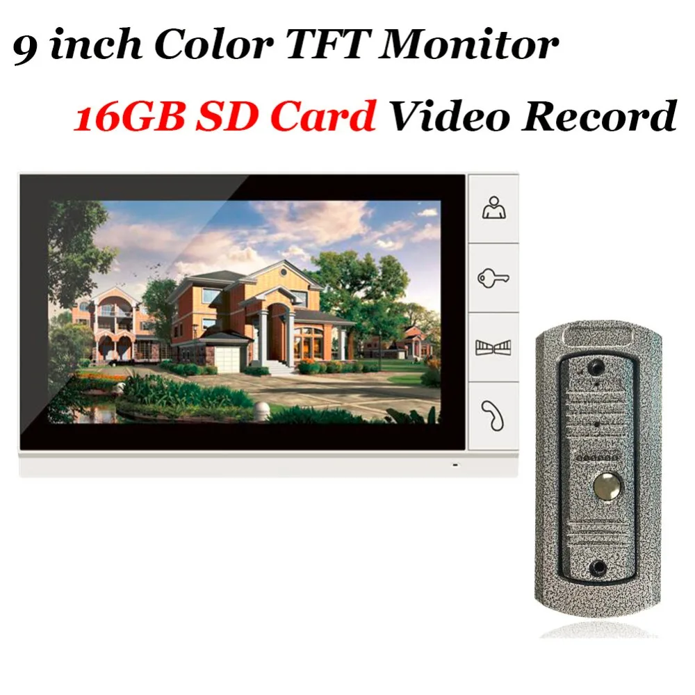 Home use 9 inch Color TFT Monitor 16GB SD Card Video Record Door Phone IR 700TVL Cam DoorBell Intercom System Wholesale Security & Protection