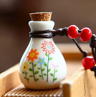 Beautiful Pastel Painted Ceramic Sunflower Red Porcelain Beads Aromatherapy Wishing Bottle Pendant Wax Cord Necklace (Small) | Украшения и