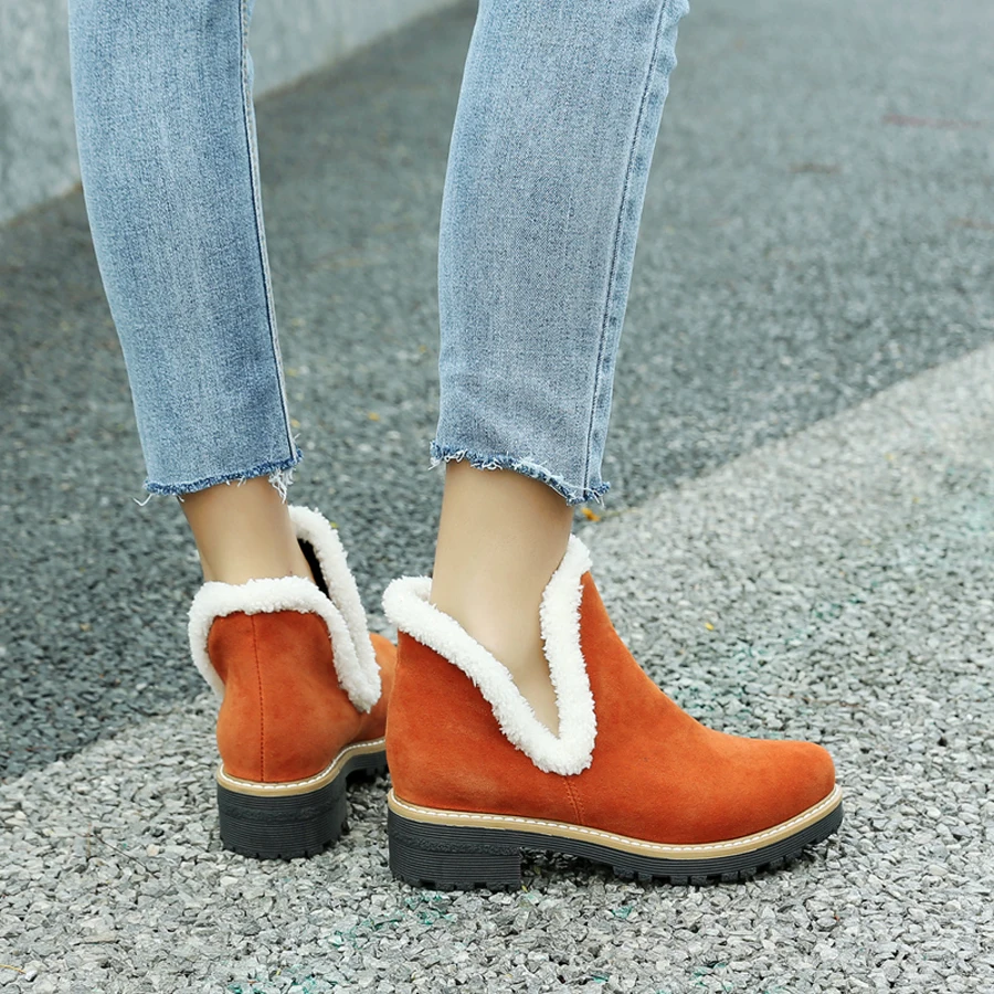 Meotina/ г. Зимние ботинки женские ботильоны на меху зимние полусапоги на квадратном каблуке для отдыха теплая Женская обувь с круглым носком оранжевый цвет, 33-43