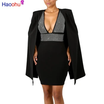 

Two Piece Rhinestone Sexy Bodycon Dress With Cloak Women Fall 2018 New Deep-V Elegant Dress Casual Mini Party Dresses