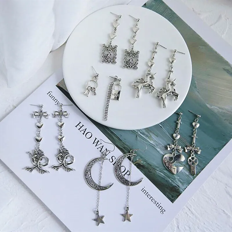 

Timlee E176 Free Shipping New Retro Personality Heart Unicorn Moon Star key Alloy Dangle Earrings,Fashion Accessories Wholesale