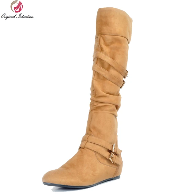 Best Price Original Intention Women Knee-High Boots Stylish Round Toe Boots High-quality Yellow Shoes Woman Plus US Size 4-15