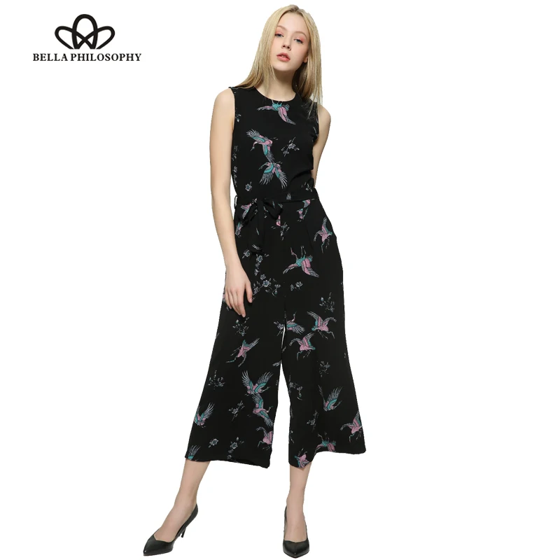 Wonder 2017 spring summer new  bird print O-neck sleeveless belt sashes ankle-length jumpsuits bow waist