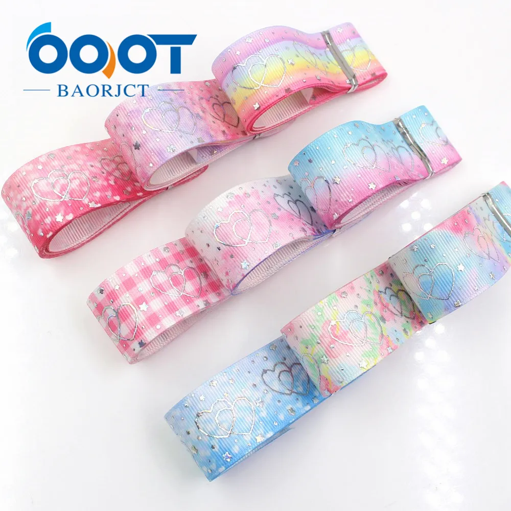 

OOOT BAORJCT I-19326-787,10yards 25mm laser Silver Love shape Printed grosgrain ribbon DIY handmade headdres wedding gift wrap