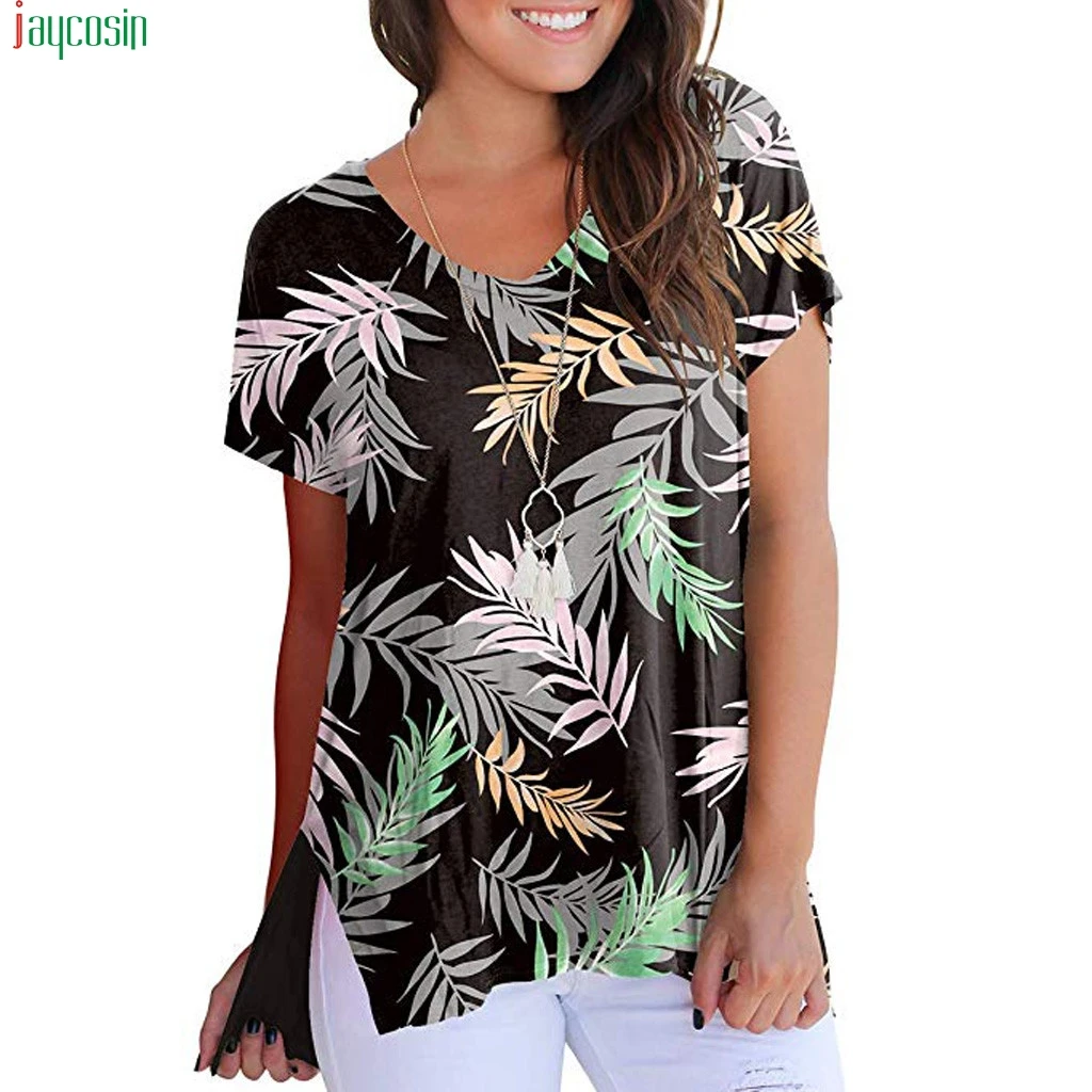 

JAYCOSIN Women Vogue Print T-shirt 2019 Women's Short Sleeve High Low Loose TShirt Basic Tee Tops With Side Split Ladies tshirt