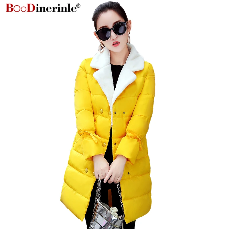

BOoDinerinle 2019 Autumn Women's Jacket Female Slim Soft Warm Long Outwear Women Thick Lapel Yellow Cotton Winter Coat Parkas