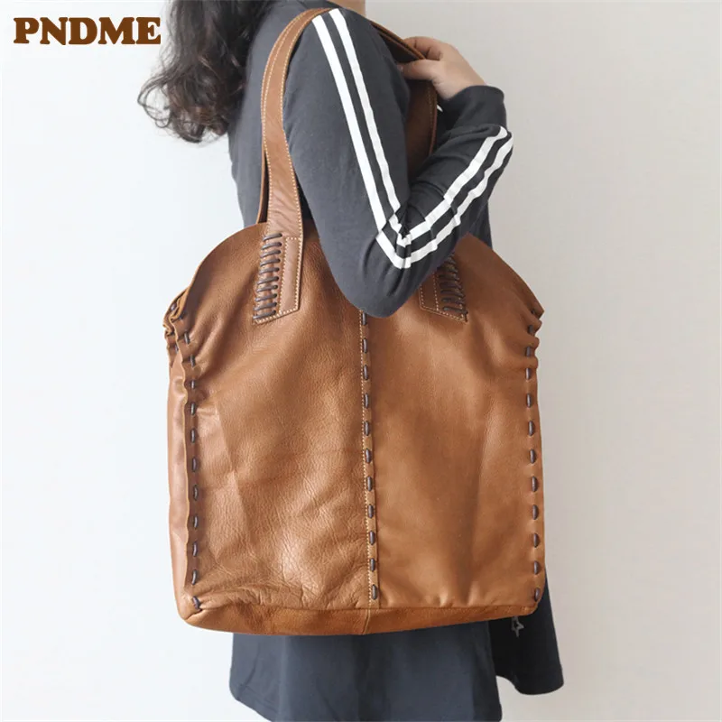 

PNDME high quality first layer cowhide ladies tote bag large capacity handmade simple soft genuine leather women shoulder bag