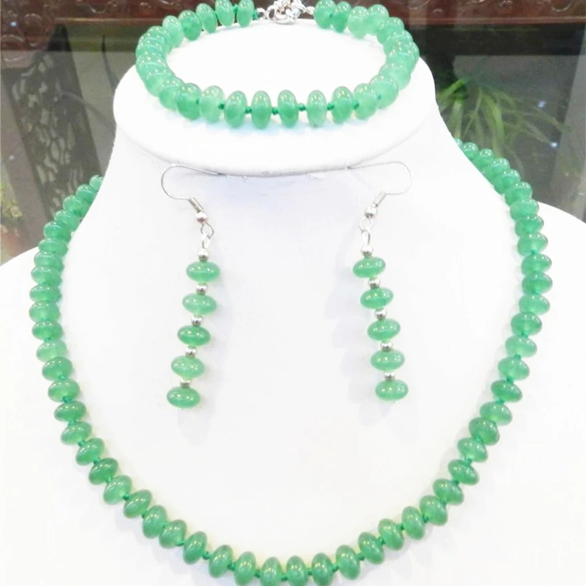 

Fashion style 5x8mm green natural stone dyed jades chalcedony rondelle abacus beads necklace bracelets earrings set GE1385