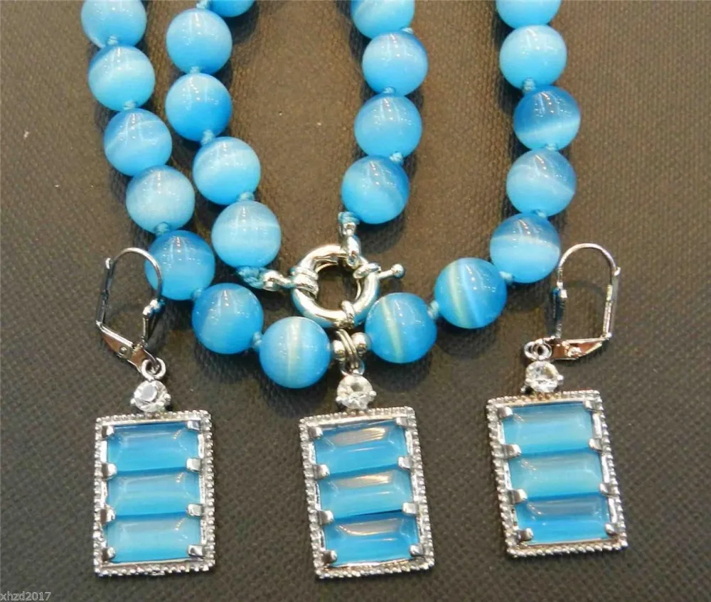 

hot sell new - Free shipping Beautiful Blue Mexican Opal Round Beads Gems Pendant Necklace Earring Set 18" (A0425)