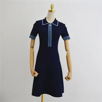 

Luxury Designer Brand Knitted Dress for Women POLO Collar Zipper Contrast Knitted Dress Blue Pink